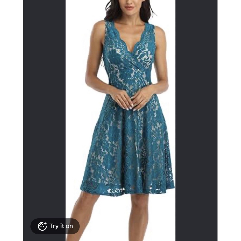 Teal Floral Lace Lined V Neck Midi Dress Women's Size 2XL Wedding Boho Formal